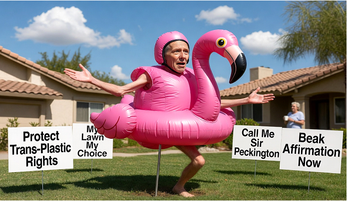 **Breaking: 31-Year-Old Identifies as Majestic Pink Plastic Lawn Flamingo, Demands “Beak Affirmation” and “Right to Be Stuck in Dirt”**