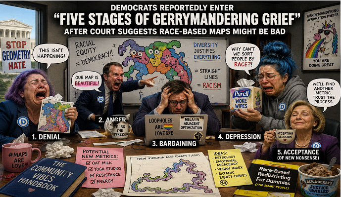 Democrats Reportedly Enter “Five Stages of Gerrymandering Grief” After Court Suggests Race-Based Maps Might Be Bad