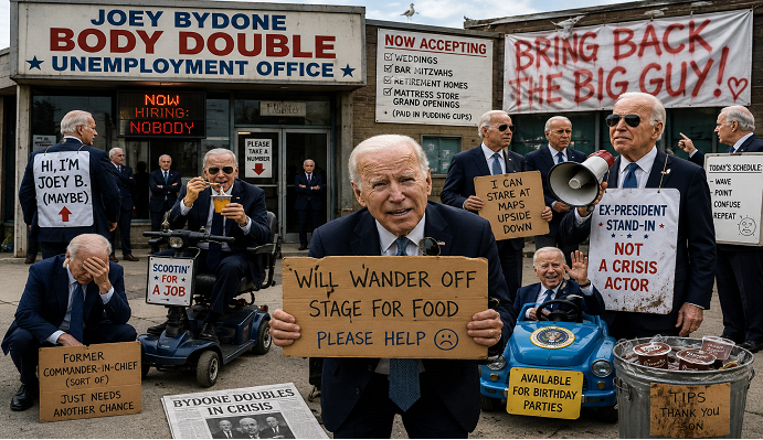 “Desperate Ex-Doubles of Former President Joey Bydone Beg for Work After Sudden Collapse of Fake-President Industry”